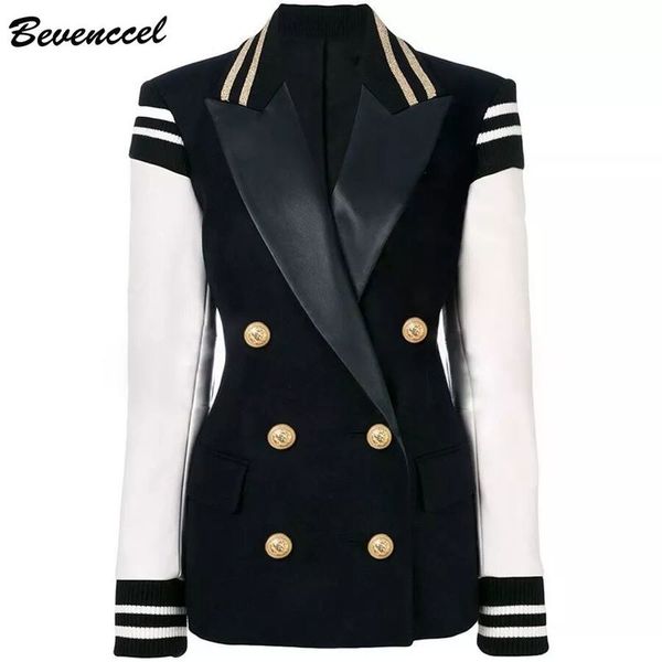 bevenccel 2020 designer blazer jacket women's leather patchwork double breasted blazer, White;black
bevenccel 2020 designer blazer jacket women's leather patchwork double breasted blazer, White;black