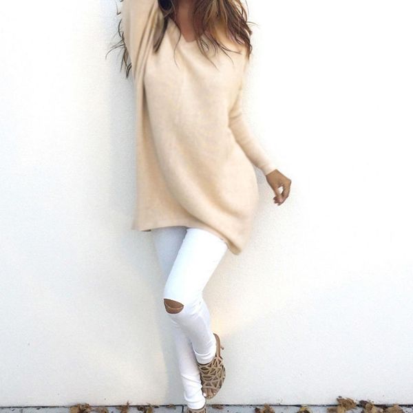2019 new women's sweater autumn winter cotton casual long style solid color v neck long sleeve loose knitwear sweater women, White;black
2019 new women's sweater autumn winter cotton casual long style solid color v neck long sleeve loose knitwear sweater women, White;black