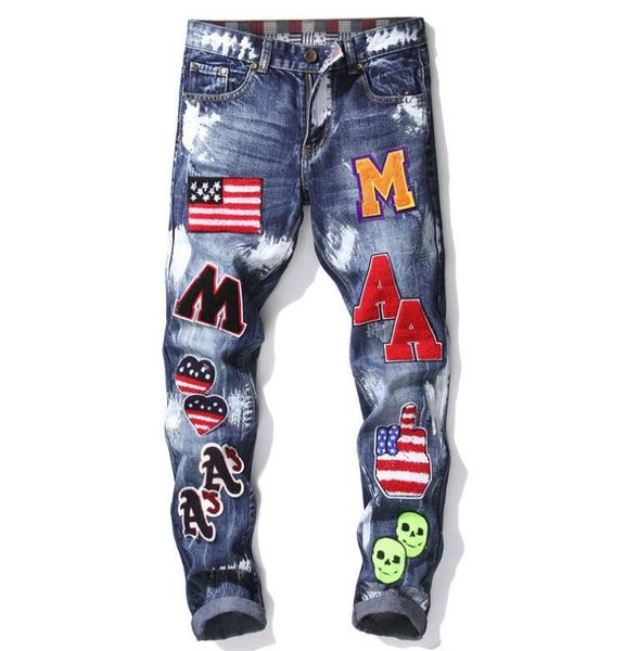 men more badge slim fit jeans straight leg washed fashion designer sreetwear painted biker men's denim pants trousers big size 28-38, Blue