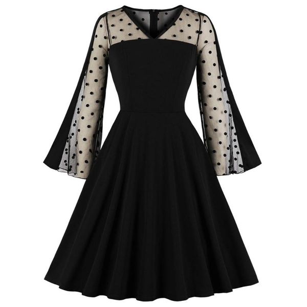long flare sleeves black women retro dress lace mesh v neck vintage dress evening party vestidos femme robe, Black;gray
long flare sleeves black women retro dress lace mesh v neck vintage dress evening party vestidos femme robe, Black;gray