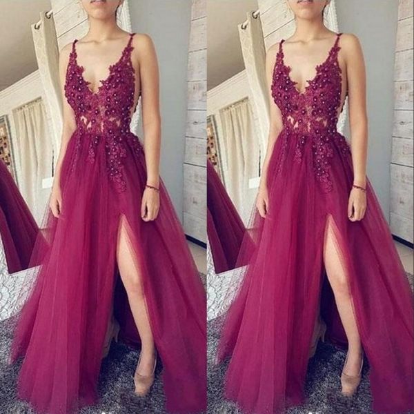 2020 dark fuchsia deep v neck prom dresses lace tulle split formal evening dresses long party gowns ing, Black
2020 dark fuchsia deep v neck prom dresses lace tulle split formal evening dresses long party gowns ing, Black