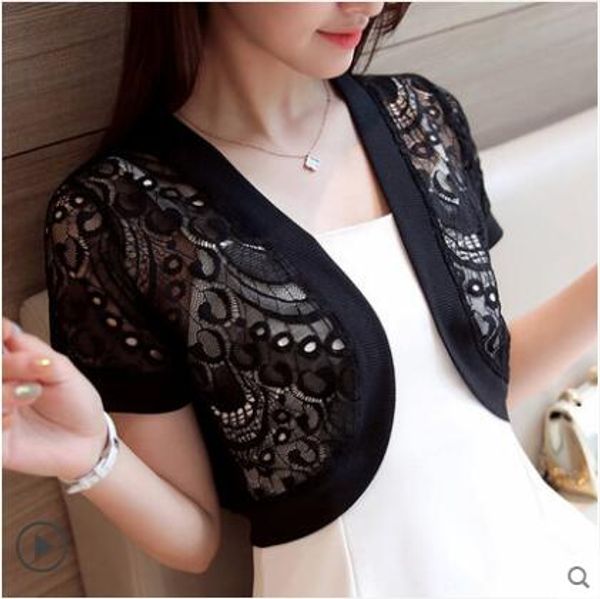 

carol diaries 2018 summer women's short sleeve crochet shrug lace hollow out black and white cape cardigan shurg thin outwear, White;black