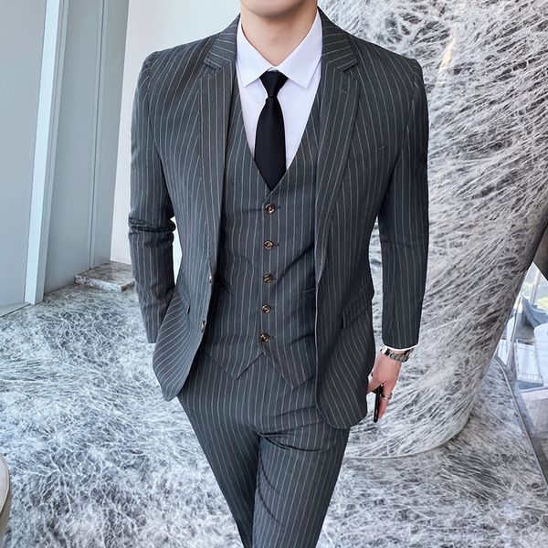 men's suits & blazers men striped suit set summer thin style korean design vest pant business work formal casual prom dress slim male, White;black
men's suits & blazers men striped suit set summer thin style korean design vest pant business work formal casual prom dress slim male, White;black