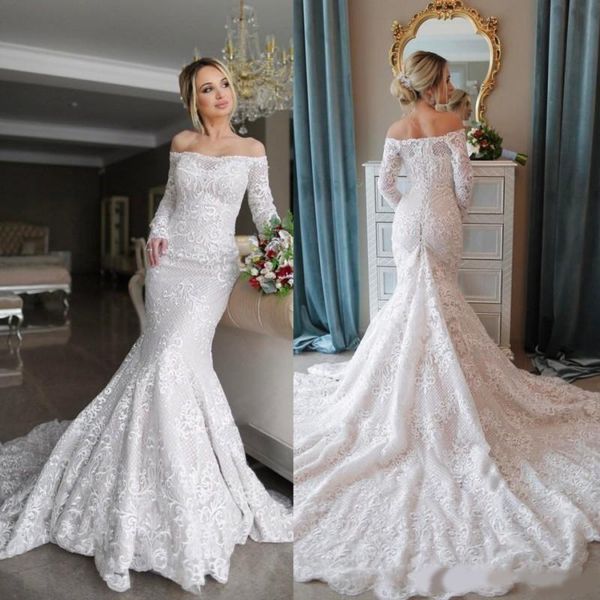 2020 new vintage mermaid wedding dresses off the shoulder lace appliques long sleeve wedding gowns sweep length lace up bridal dress, White
2020 new vintage mermaid wedding dresses off the shoulder lace appliques long sleeve wedding gowns sweep length lace up bridal dress, White