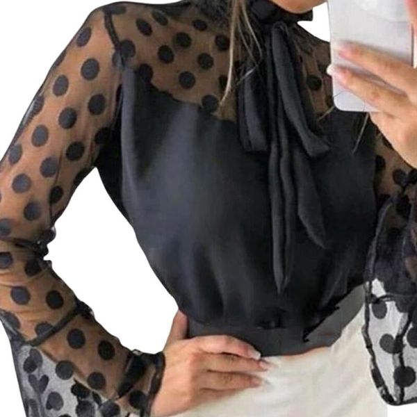 woman mesh puff long sleeve jumper polka dot sheer slim shirt blouse 2020, White 
woman mesh puff long sleeve jumper polka dot sheer slim shirt blouse 2020, White