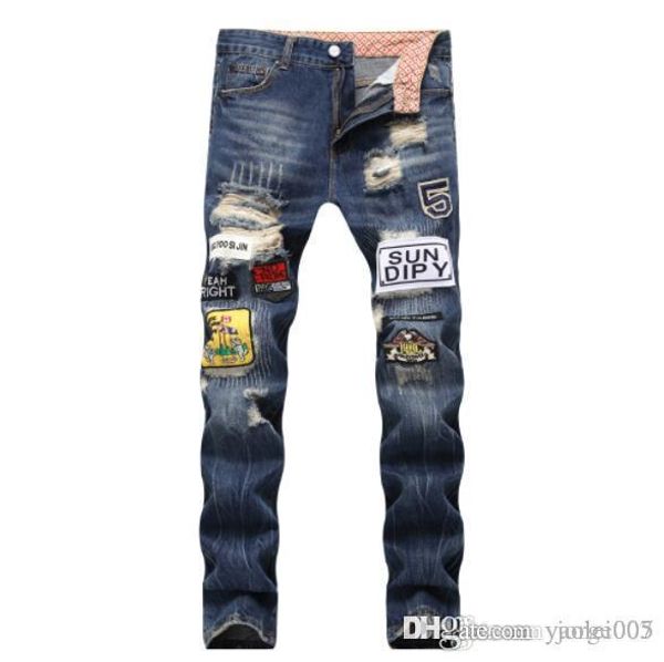 europe and the united states men's non-stretch jeans foreign trade embroidery patch badge slim straight hole men's trousers, Blue
europe and the united states men's non-stretch jeans foreign trade embroidery patch badge slim straight hole men's trousers, Blue