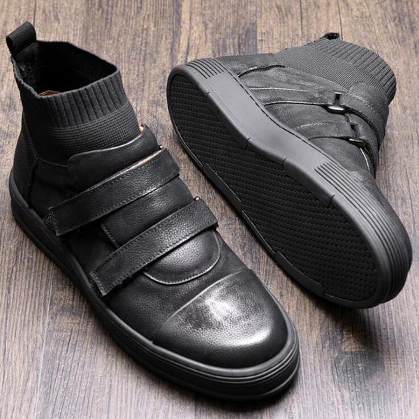 uine leather hook loop ankle boots man casual boots boy trendy sock sneakers shoes, Black