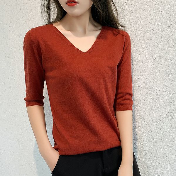new style short-sleeved knitted cashmere five-point sleeves in the sleeves solid color slim thin multi-color pullover basic, White;black
new style short-sleeved knitted cashmere five-point sleeves in the sleeves solid color slim thin multi-color pullover basic, White;black