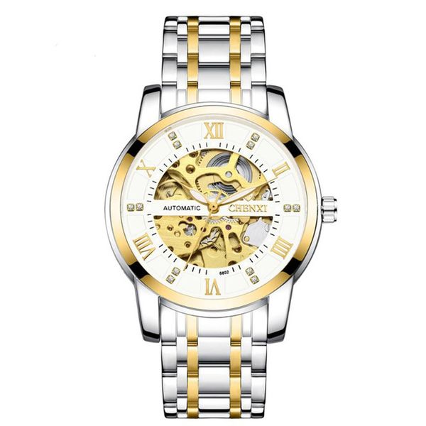 chenxi automatic movement gold dial 001 stainless steel strap gold hollow out dial stainless steel buckle folding buckle, Slivery;brown
chenxi automatic movement gold dial 001 stainless steel strap gold hollow out dial stainless steel buckle folding buckle, Slivery;brown