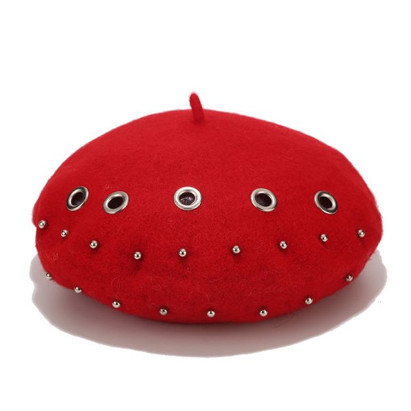 punk style women's beret hat metal hollow out rivet wool beret winter retro art painter cap japanese sweet red black femme, Blue;gray