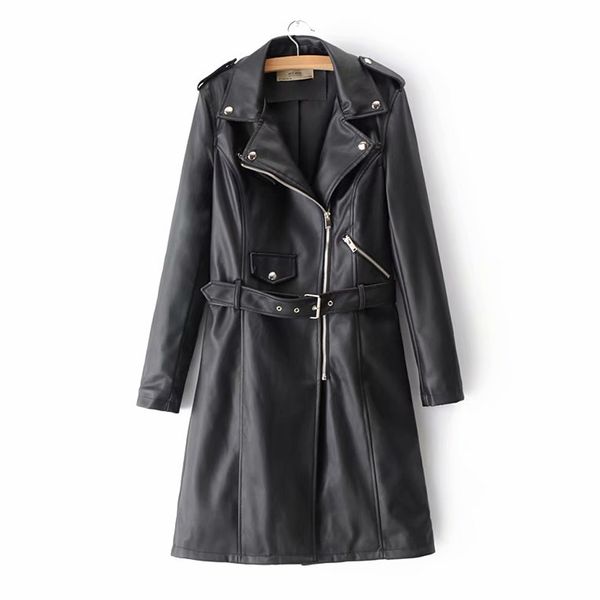 women autumn turn-down collar zipper long sleeves pu long jacket with belt casual style slim matching coat fs0620, Black
women autumn turn-down collar zipper long sleeves pu long jacket with belt casual style slim matching coat fs0620, Black