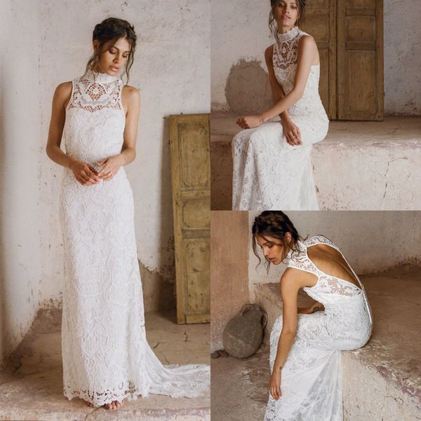 2019 mermaid wedding dresses high neck lace appliques sleeveless hollow back sweep train bohemian wedding dress custom made bridal gowns, White
2019 mermaid wedding dresses high neck lace appliques sleeveless hollow back sweep train bohemian wedding dress custom made bridal gowns, White