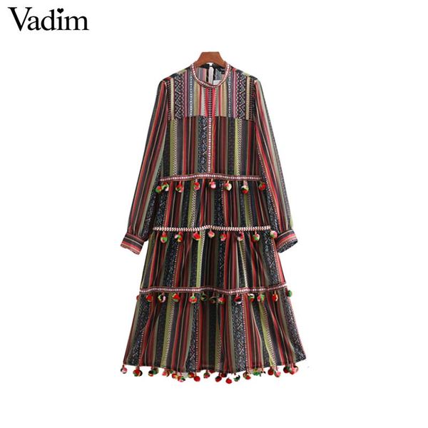 women vintage striped chiffon dress fur ball decorate long sleeve pleated female casual chic maxi dresses vestidos, White;black
women vintage striped chiffon dress fur ball decorate long sleeve pleated female casual chic maxi dresses vestidos, White;black