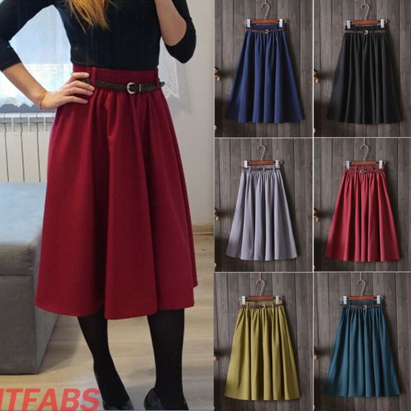 skirts 2021 fashion women midi knee length summer skirt with belt high waist, Black