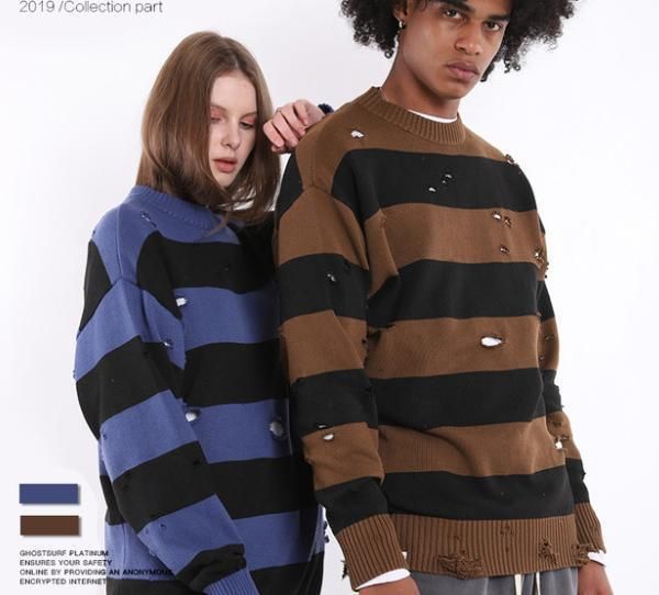 american men's popular logo autumn/winter 2019 striped holes edison chen hipster-style men's sweater, White;black
american men's popular logo autumn/winter 2019 striped holes edison chen hipster-style men's sweater, White;black