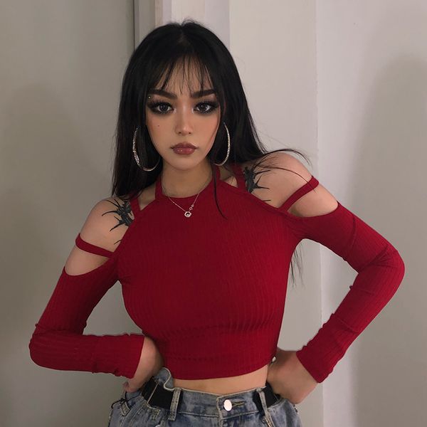 women's t-shirt cutout round neck cropped t shirt solid red long sleeve tight elastic fashion elegant romantic woman mm60tx, White
women's t-shirt cutout round neck cropped t shirt solid red long sleeve tight elastic fashion elegant romantic woman mm60tx, White