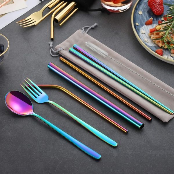 

New Portable 304 Stainless Steel Reusable Straw Sets Straight Bent Straw Cleaning Brush Fork Spoon Chopsticks bag 8 pcs Drinking Straws sets