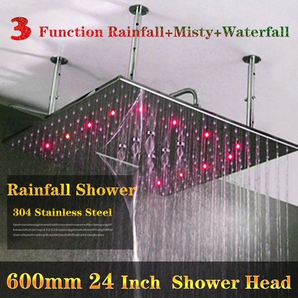 

big shower head ceiling rain sus304 rainfall waterfall mistfall 600*600mm water power showerheads with rgb led light showers