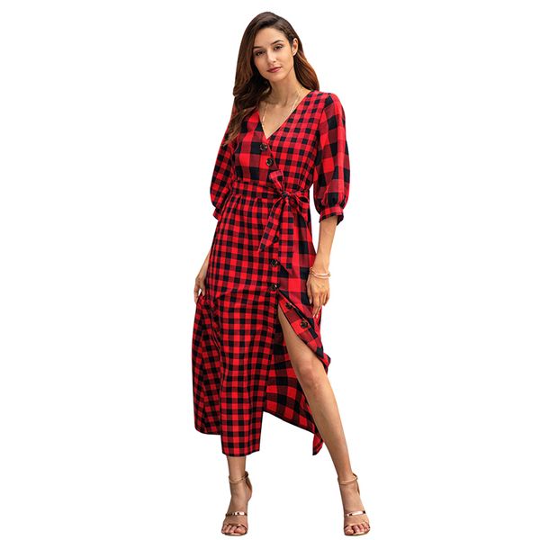 2019 summer dress women vintage plaid print long maxi party v neck half sleeve casual loose split dresses, White;black
2019 summer dress women vintage plaid print long maxi party v neck half sleeve casual loose split dresses, White;black