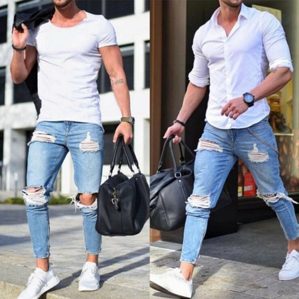 2019 hole distressed ripped jeans men slim moto biker denim jeans skinny frayed pants troursers for men, Blue
2019 hole distressed ripped jeans men slim moto biker denim jeans skinny frayed pants troursers for men, Blue