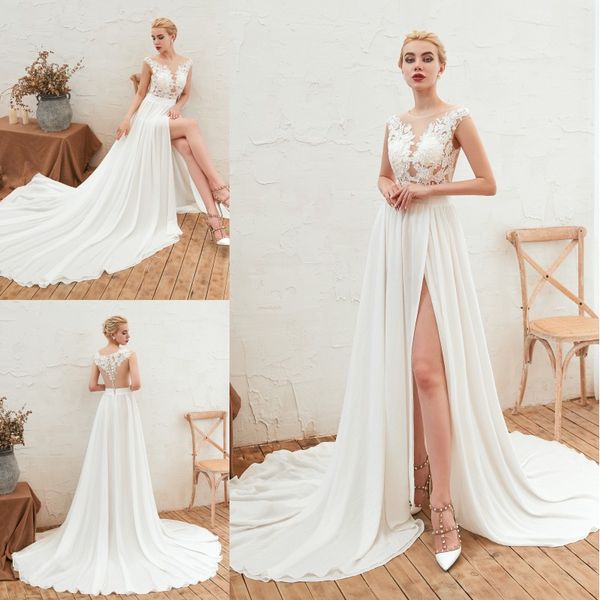 Cheap Sexy Beach Wedding Dresses Bohemian Beach Sheer Neck High Side Split Chiffon Lace Applique Wedding Dress Bridal Gowns
Cheap Sexy Beach Wedding Dresses Bohemian Beach Sheer Neck High Side Split Chiffon Lace Applique Wedding Dress Bridal Gowns