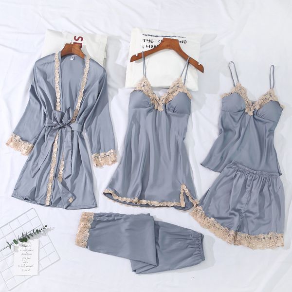 new autumn winter 5 pieces set elegant lace silk women pajamas shorts ladies long sleeve satin pyjamas sleepwear night suit wear, Black;red
new autumn winter 5 pieces set elegant lace silk women pajamas shorts ladies long sleeve satin pyjamas sleepwear night suit wear, Black;red