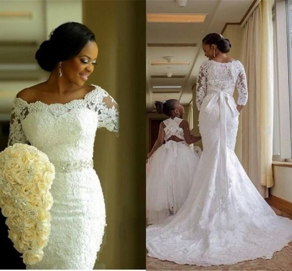 2020 luxury african plus size mermaid wedding dresses off shoulder full lace applique beaded sash 3/4 long sleeves sweep train bridal gowns, White
2020 luxury african plus size mermaid wedding dresses off shoulder full lace applique beaded sash 3/4 long sleeves sweep train bridal gowns, White