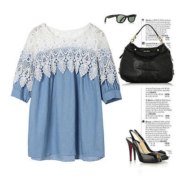 womens denim lace splicing short sleeve hollow out blouses casual shirts blue s, White
womens denim lace splicing short sleeve hollow out blouses casual shirts blue s, White