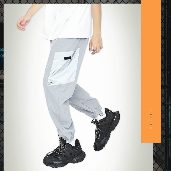 

autumn new tide brand cargo pants men 3m reflective printing pockets drawstring casual small feet pants, Black