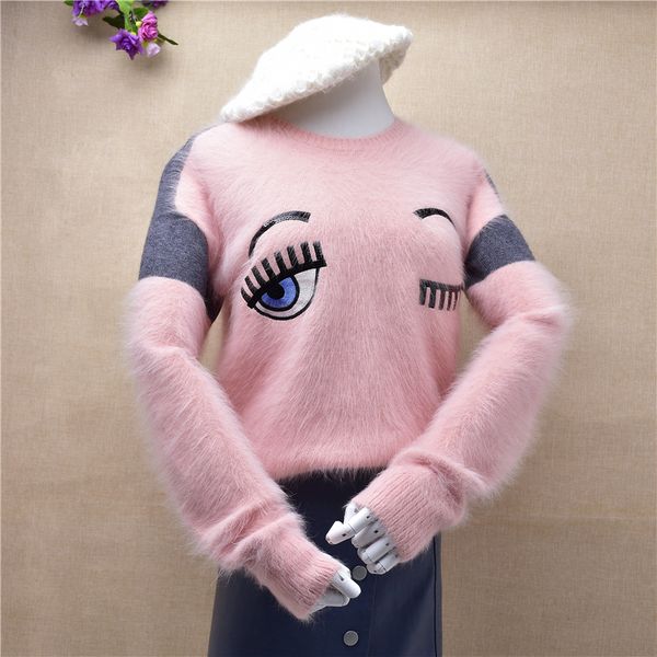 short cute girl autumn winter female long sleeve o-neck pink cartoon angora hair knitted sweater soft pullover, White;black
short cute girl autumn winter female long sleeve o-neck pink cartoon angora hair knitted sweater soft pullover, White;black
