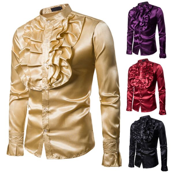 mens silk satin ruffle stand collar shirt long sleeve luxury fancy party causal formal costume gothic steampunk retro tee, White;black
mens silk satin ruffle stand collar shirt long sleeve luxury fancy party causal formal costume gothic steampunk retro tee, White;black