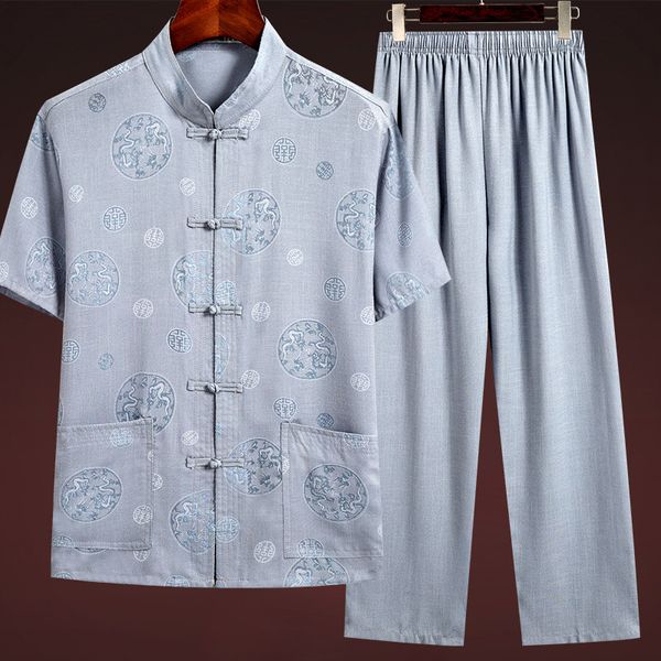 two piece round gragon father tang suit summer cotton and linen chinese style short sleeve t-shirt long trousers, Gray
two piece round gragon father tang suit summer cotton and linen chinese style short sleeve t-shirt long trousers, Gray