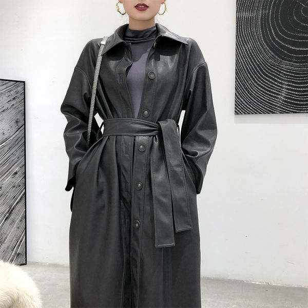 women long leather trench coat autumn single breasted faux sheepskin pu jacket slim long casual belt work business shirt trench, Black
women long leather trench coat autumn single breasted faux sheepskin pu jacket slim long casual belt work business shirt trench, Black