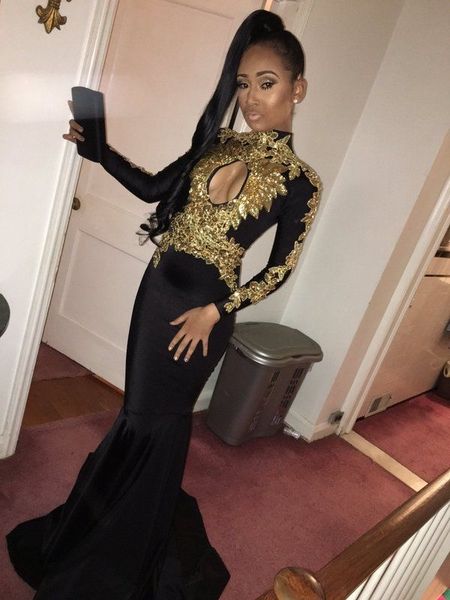 spark mermaid prom dresses high neck gold applique long sleeves african prom gowns open front long formal evening dress 2020 robes de soirée, Black
spark mermaid prom dresses high neck gold applique long sleeves african prom gowns open front long formal evening dress 2020 robes de soirée, Black
