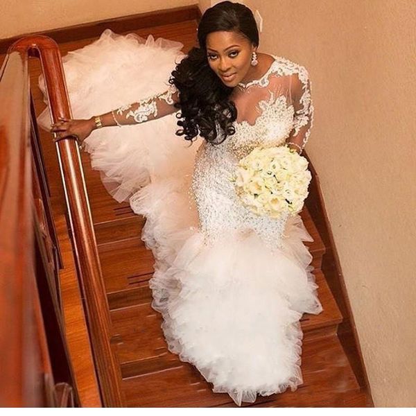 2019 african nigeria mermaid wedding dress long sleeves with appliques and pearls sheer neck vestido de novia ruffled wedding bridal gown, White
2019 african nigeria mermaid wedding dress long sleeves with appliques and pearls sheer neck vestido de novia ruffled wedding bridal gown, White