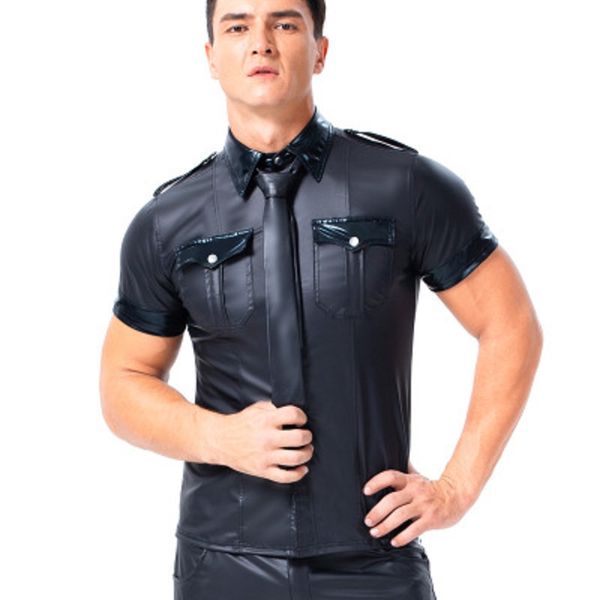 mens patent leather performance short sleeve pocket lapel shirts club uniform temptation gay security role-playing costumes, White;black
mens patent leather performance short sleeve pocket lapel shirts club uniform temptation gay security role-playing costumes, White;black