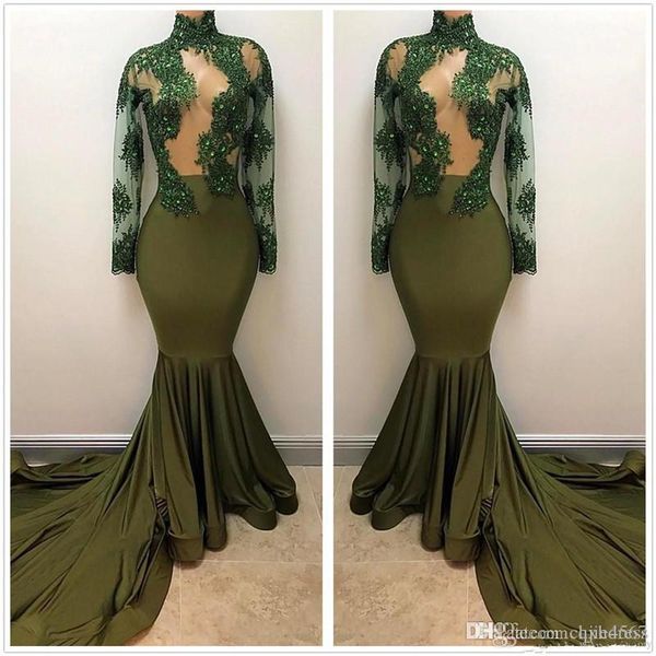 2019 new dark green sheer high neck satin long prom dresses long sleeved beaded crystals sweep train evening gowns vestidos party dress a347, Black
2019 new dark green sheer high neck satin long prom dresses long sleeved beaded crystals sweep train evening gowns vestidos party dress a347, Black