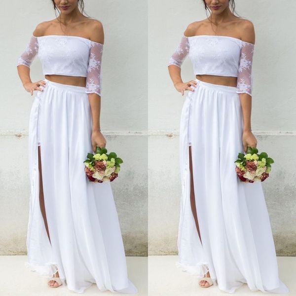 wholesale- two piece bohemian chiffon wedding dress a line half sleeve high split boho beach bridal wedding gown with lace appliques, White
wholesale- two piece bohemian chiffon wedding dress a line half sleeve high split boho beach bridal wedding gown with lace appliques, White
