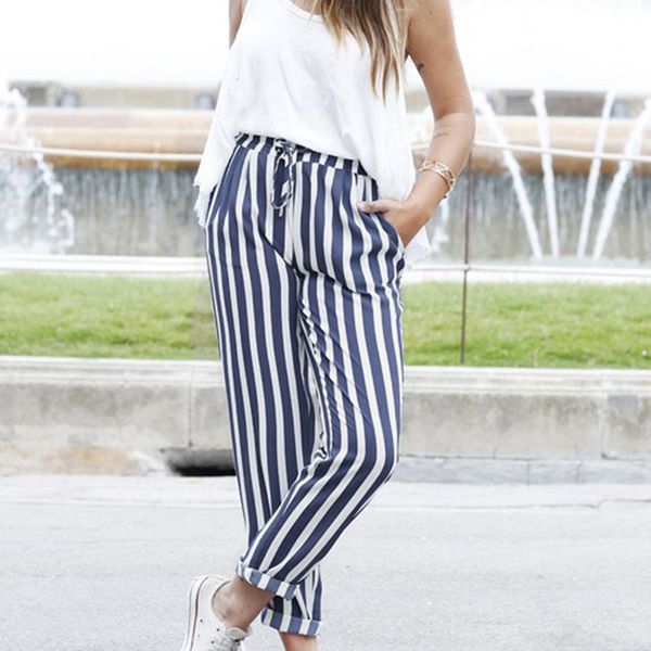 autumn pants fashion striped pockets pant ladies elastic waist harem pants casual loose drawstring trousers for women, Black;white
autumn pants fashion striped pockets pant ladies elastic waist harem pants casual loose drawstring trousers for women, Black;white