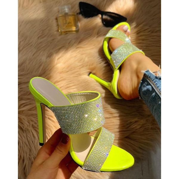 crystal slippers peep toe high heel dress slippers summer fashion slip on thin heels slides women fluorescent green slides, Black
crystal slippers peep toe high heel dress slippers summer fashion slip on thin heels slides women fluorescent green slides, Black