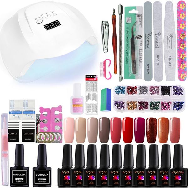 coscelia 54w lamp 10pcs gel nail polish set tools for manicure nail kit and base coat set for gel varnish kit
coscelia 54w lamp 10pcs gel nail polish set tools for manicure nail kit and base coat set for gel varnish kit