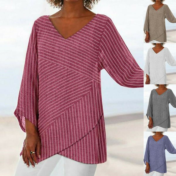 women v neck stripe long sleeve striped fashion casual loose shirt ladies asymmetric blouses, White
women v neck stripe long sleeve striped fashion casual loose shirt ladies asymmetric blouses, White