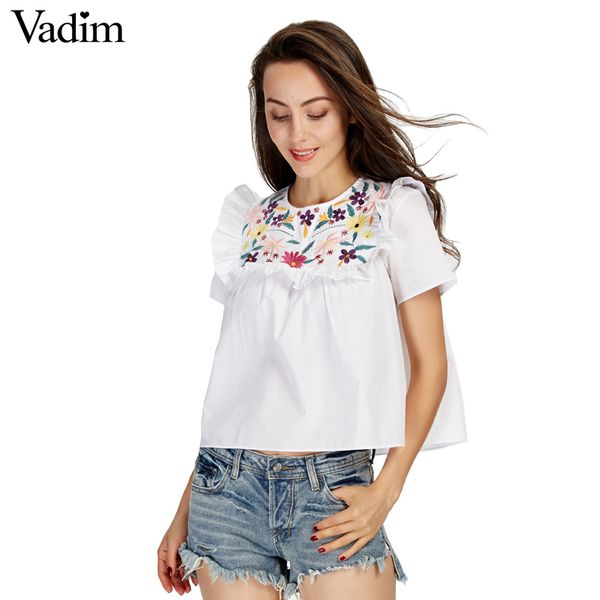 vadim women sweet ruffles floral embroidery shirts short sleeve o neck blouse ladies casual summer brand blusas dt1161, White
vadim women sweet ruffles floral embroidery shirts short sleeve o neck blouse ladies casual summer brand blusas dt1161, White