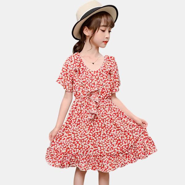 summer dress for girls floral pattern girls party dress kids ruffles children v neck girl costume 6 8 10 12 14, Red;yellow