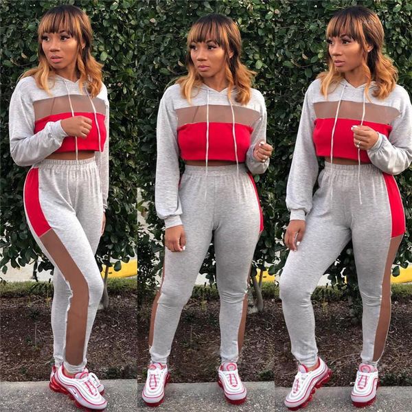 2pcs womens two piece pants with drawstring mesh patchwork womens designer tracksuits fashion contrast color long sleeve hooded crop, White 
2pcs womens two piece pants with drawstring mesh patchwork womens designer tracksuits fashion contrast color long sleeve hooded crop, White