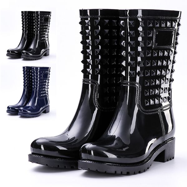 

fashion women winter shoes women's rain boots pvc mid-calf bootie rivet waterproof footwear shoes botas de mujer#15, Black