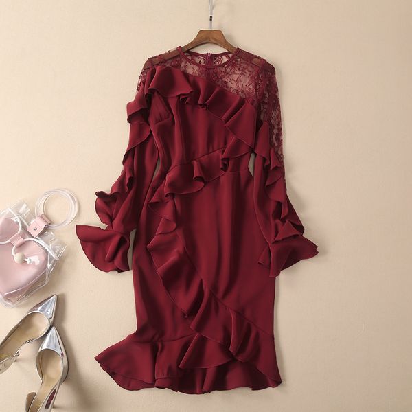 european and american women's fashion 2019 spring new style fashion flared sleeve bud silk ruffled fishtail dress, Black;gray
european and american women's fashion 2019 spring new style fashion flared sleeve bud silk ruffled fishtail dress, Black;gray