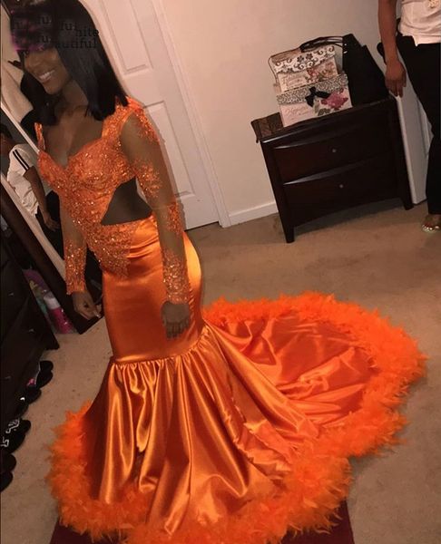 2019 orange mermaid prom dresses long sleeves lace appliques feather satin formal evening party dresses prom gowns, Black
2019 orange mermaid prom dresses long sleeves lace appliques feather satin formal evening party dresses prom gowns, Black
