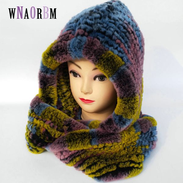 шляпа женщины 2019 реальный вязаный рекс меховая шапка с капюшоном шарф длинный зимний теплый мех с шеи воротник шарфы, Blue;gray