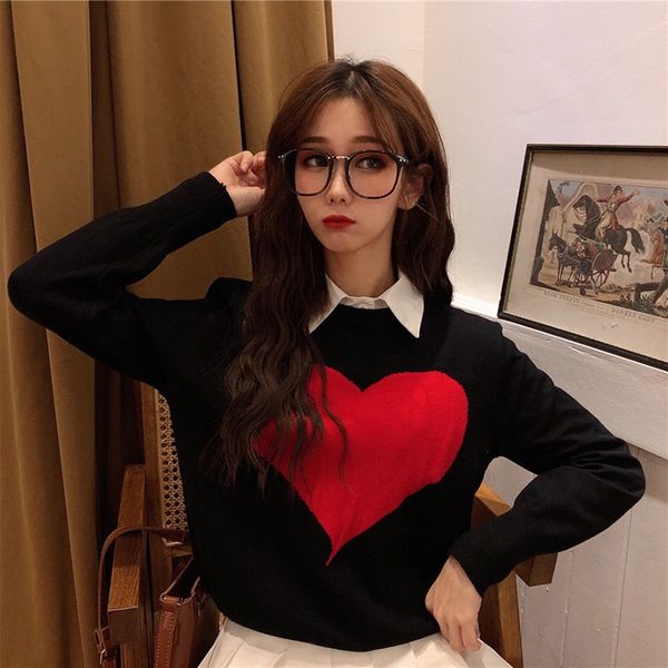 women autumn winter cartoon heart print slim long sleeve pullover sweater female round collar knitted bottoming sweater, White;black
women autumn winter cartoon heart print slim long sleeve pullover sweater female round collar knitted bottoming sweater, White;black